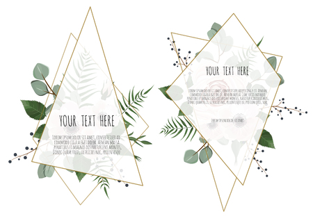 Set of card with leaves, flowers and geometrical frame. Floral poster, invite. Vector decorative greeting card, invitation design background.のイラスト素材
