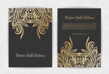 Gold vintage greeting card on a black background. Luxury ornament template.のイラスト素材