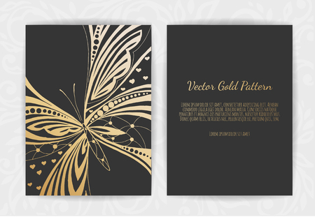 Gold greeting card on a black background. Luxury ornament template. Stylized butterfly.のイラスト素材