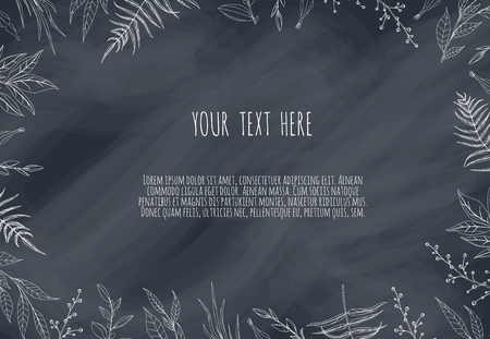 Floral elements on the chalkboard. Chalk elements for design, wedding decor. Greeting card.のイラスト素材