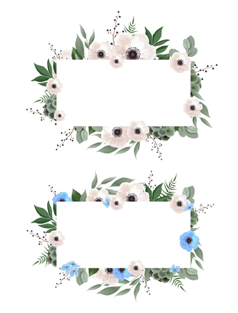 Floral wreath with green eucalyptus leaves, flower rose, anemone . Frame border with copy space. eps10のイラスト素材