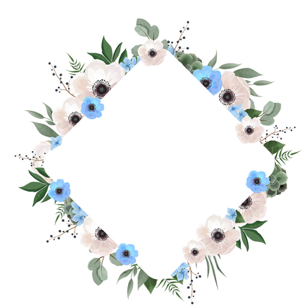 Floral wreath with green eucalyptus leaves, flower rose, anemone . Frame border with copy space. eps10のイラスト素材