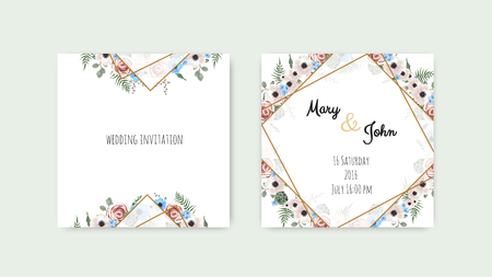 Wedding invite, invitation. Botanical wedding invitation card template design, white and pink flowers. Vector template setのイラスト素材