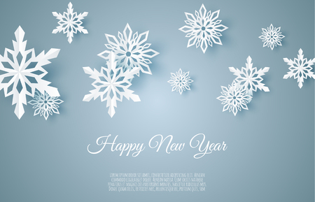 Christmas card with paper snow flake. Falling snowflakes on a dark blue winter background. Vector illustration. Merry Christmas, New Year design.のイラスト素材