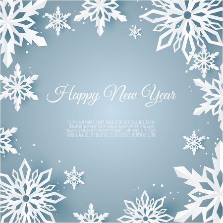 Christmas card with paper snow flake. Falling snowflakes on a dark blue winter background.のイラスト素材