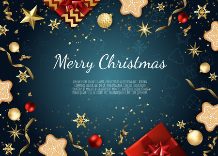 Christmas greeting card with cookies, stars, christmas tree decorations, pine branches. Vector illustration.のイラスト素材