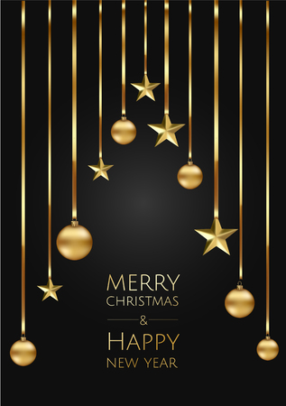Banner with vector christmas tree branches, gold stars, christmas balls and space for text. Great for christmas cards, banners, flyers, party posters, headers.のイラスト素材