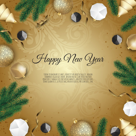 Christmas bright background with golden Xmas decorations. Merry christmas greeting card.のイラスト素材