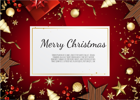 Christmas vector background. Creative design greeting card, banner, poster. Top view gift box, xmas balls, stars and snowflakes.のイラスト素材