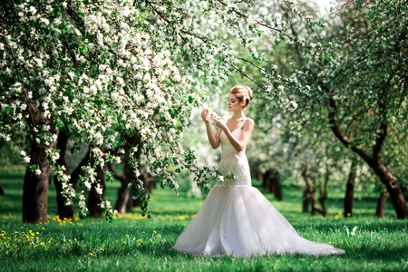 Young beautiful blonde woman in blooming garden.の写真素材