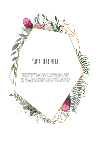 Vector floral botanical card design with leaves with geometrical frame. Beautiful template for invite, save the date cardsのイラスト素材