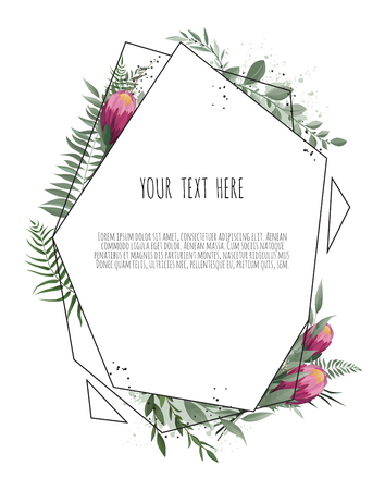 Vector floral botanical card design with leaves with geometrical frame. Protea Flower bouquetのイラスト素材