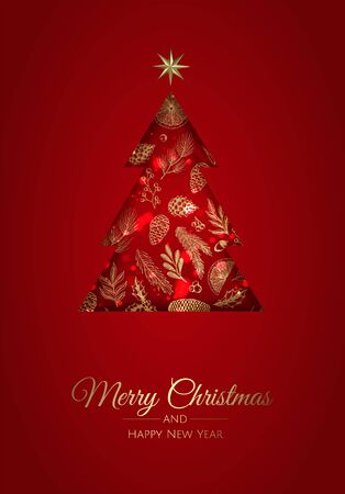 Christmas greeting card with Christmas Tree Decorations, Pine Branches, balls,stars and snow.のイラスト素材