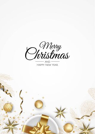 Christmas greeting card with Christmas Tree Decorations, Pine Branches, snowflake and confettiのイラスト素材