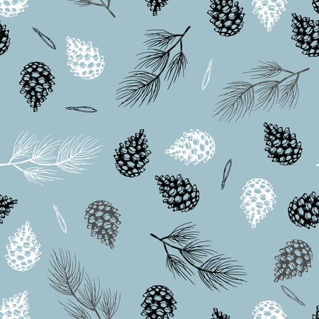 Xmas Seamless pattern with Christmas Tree Decorations, Pine Branches hand drawn art design vector...