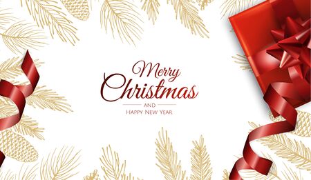 Merry Christmas and Happy New Year. Xmas background with gift box, Snowflakes and balls design.のイラスト素材