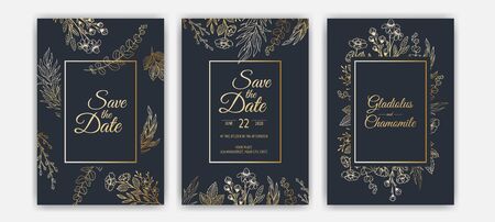 Minimalist wedding invitation card template design. Template, Frame with Delicate Flowers, Branches, Plantsのイラスト素材