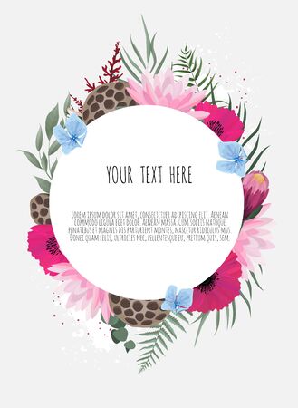 Vector floral design card. Greeting, postcard wedding invite template. Elegant frame with lotus and anemoneのイラスト素材