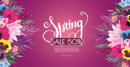Spring sale background with beautiful flowers. Banner for promotions, magazines, advertising, web sitesのイラスト素材