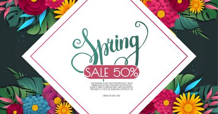 Spring sale banner with flowers on a green background. Banner for promotions, magazines, advertising, web sites.のイラスト素材