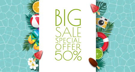 Summer sale banner vector illustration. Summer elements in colorful backgrounds. Tropical frame with sand beach, water, leaves and fruits, ice cream.のイラスト素材