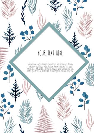 Vector floral design card. Greeting, postcard wedding invite template. Elegant frame with blue and pink leavesのイラスト素材