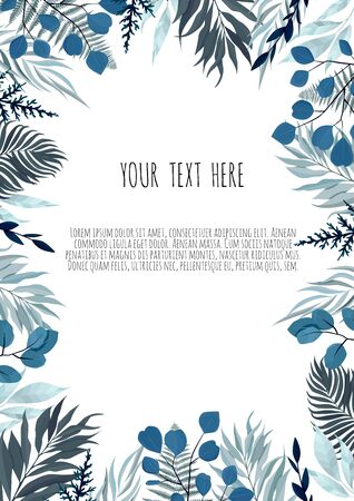 Vector floral design card. Greeting, postcard wedding invite template. Elegant frame with blue and pink leavesのイラスト素材