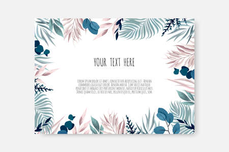 Vector floral design card. Greeting, postcard wedding invite template. Elegant frame with blue and pink leaves.のイラスト素材