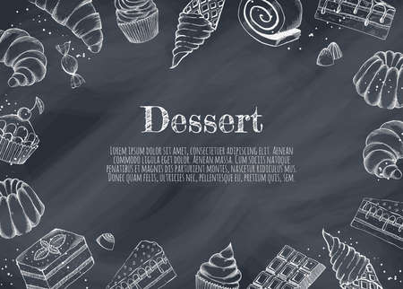 Desserts bakery shop vector banner template. Hand drawn cakes bun, ice cream, chocolate and candies.のイラスト素材