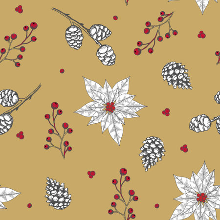 Xmas Seamless pattern with Christmas Tree Decorations, Pine Branches hand drawn art design vector illustration.のイラスト素材