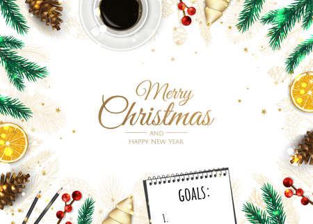 Merry Christmas and Happy New Year. Xmas background with poinsettia, Snowflakes, star and balls design.のイラスト素材