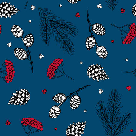 Vintage Christmas vector illustration. Seamless pattern with hand drawn winter s flowers and...