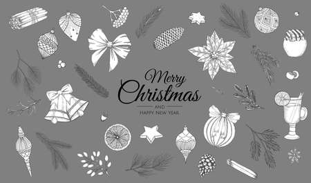 Hand drawn set of Christmas decorations. Template for greeting cards, invitations, posters, flyers.のイラスト素材