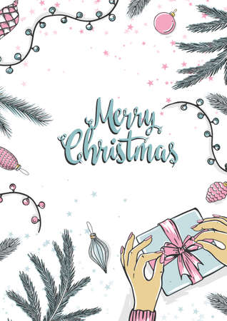 Young girl packing gift for christmas. Merry Christmas greeting card with new years tree. Vector holiday illustration.のイラスト素材
