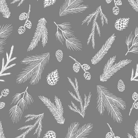 Xmas Seamless pattern with Christmas Tree Decorations, Pine Branches hand drawn art design vector illustration.のイラスト素材
