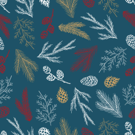 Xmas Seamless pattern with Christmas Tree Decorations, Pine Branches hand drawn art design vector illustration.のイラスト素材