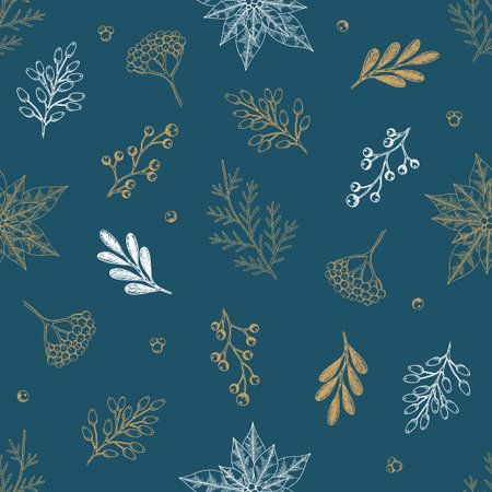 Xmas Seamless pattern with Christmas Tree Decorations, Pine Branches hand drawn art design vector...