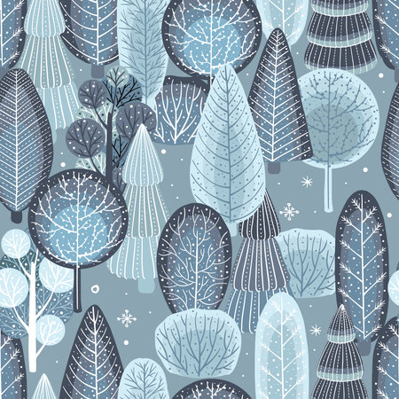 Winter seamless pattern. Vector cute illustrations of nature, landscape, trees for a New Year and Christmas background.のイラスト素材