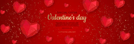Happy Valentine s Day Romantic creative banner, horizontal header for website. Background Realistic 3d heart.のイラスト素材