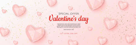 Happy Valentine s Day Romantic creative banner, horizontal header for website. Background Realistic 3d heart.のイラスト素材