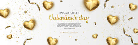 Happy Valentine s Day Romantic creative banner, horizontal header for website. Background Realistic 3d heart with gold confetti.のイラスト素材