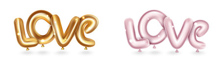 Love word text from helium balloons. Realistic ballons of letter love, gold and pink color. Element for design.のイラスト素材