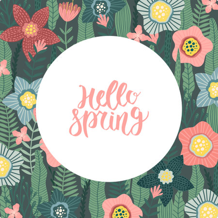 Vector abstract spring background with copy space for text. Templates for event invitations, greeting cards. Flower designs in flat style.のイラスト素材