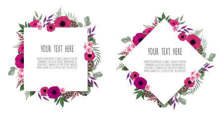 Vector set floral design card. Greeting, postcard wedding invite template. Elegant frame with rose and anemoneのイラスト素材