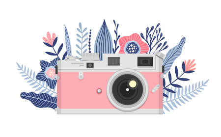 Camera with flowers, Floral Camera design, vector illustration, Vintage retro camera icon.のイラスト素材
