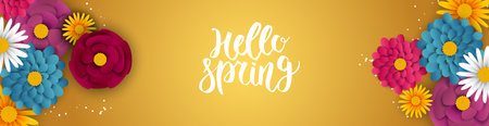 Spring sale banner with paper flowers. Banner perfect for promotions, magazines, advertising, web sites. Vector illustration.のイラスト素材