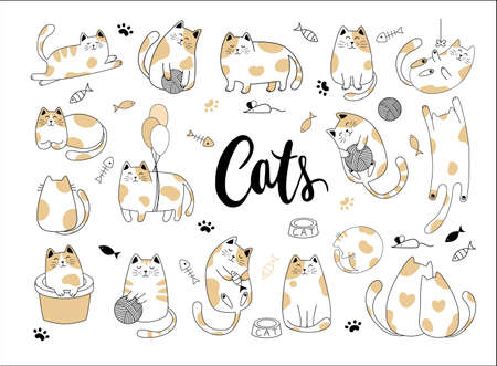 Draw vector illustration character collection cute cat. Doodle cartoon style.のイラスト素材