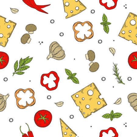 Pizza ingredients background. Tomato, garlic, basil, olive, pepper, mushroom, leaf.のイラスト素材