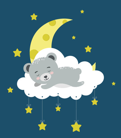 Cute Bear sleeping on the cloud. Baby animal concept illustration for nursery, character for children.のイラスト素材