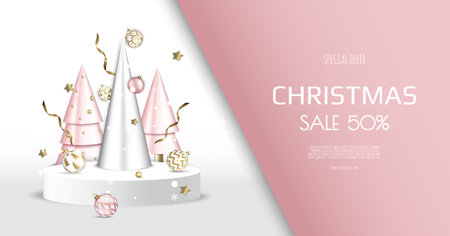 Christmas and New Year background. Conical Gold Christmas Trees. Winter holiday composition. Greeting card, banner, poster, header for websiteのイラスト素材